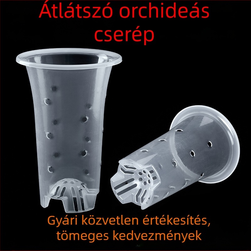 Átlátszó műanyag orchidea-cserép oldalnyílásokkal, gyökérnézet és gyökérkontroll funkcióval, magasságot növelő kialakítású, belső szigetelt és nedvességmegőrző cserepeszett