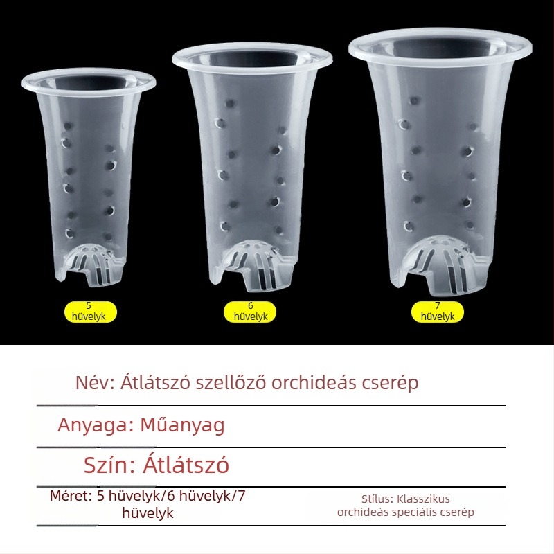 Átlátszó műanyag orchidea-cserép oldalnyílásokkal, gyökérnézet és gyökérkontroll funkcióval, magasságot növelő kialakítású, belső szigetelt és nedvességmegőrző cserepeszett