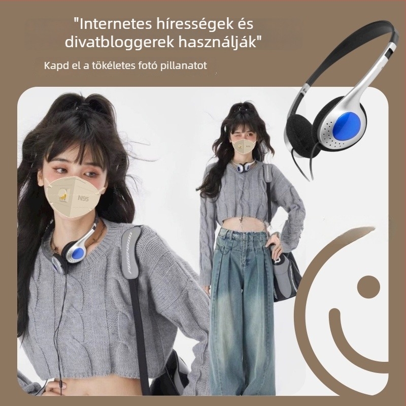 Fejre szerelhető retro vezetékes fejhallgató, fotórekvizít japán stílusban, univerzálisan kompatibil mobileszközökkel és számítógépekkel