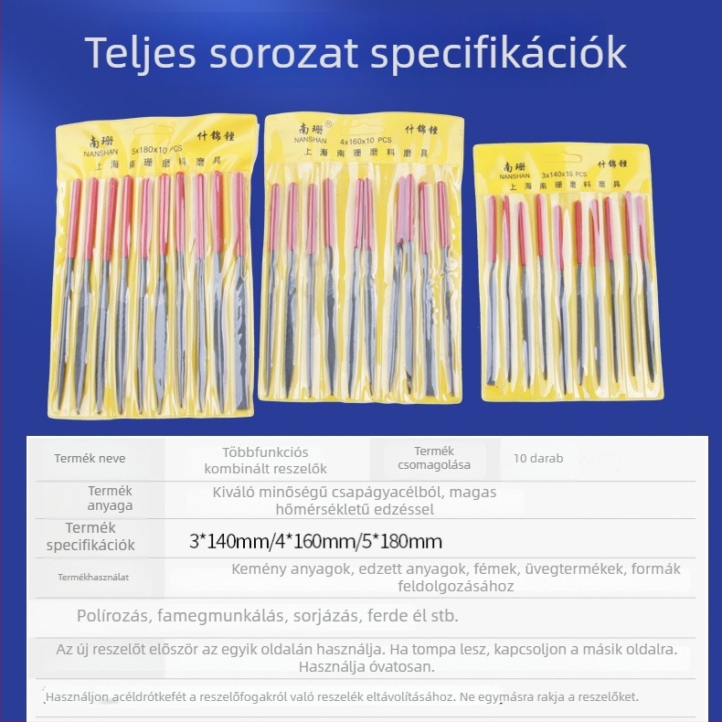 Ötvözött acél reszelő készlet, méretek 3×140 mm, 4×160 mm, 5×180 mm – kézi reszelők fa és fém megmunkálásához