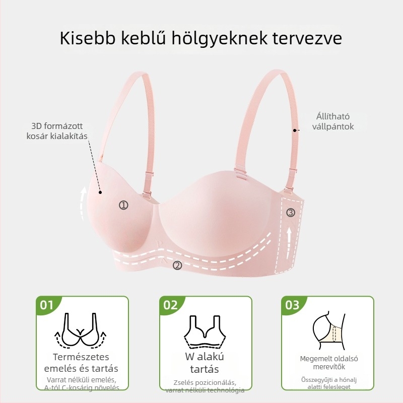 Rózsaszín vállpánt nélküli, varrás nélküli push-up melltartó, 3/4 kosár, kétirányú viselés