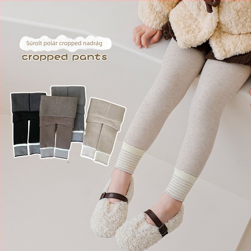 Gyerekek téli fleecével bélelt vastag leggings, függőleges csíkokkal, melegek