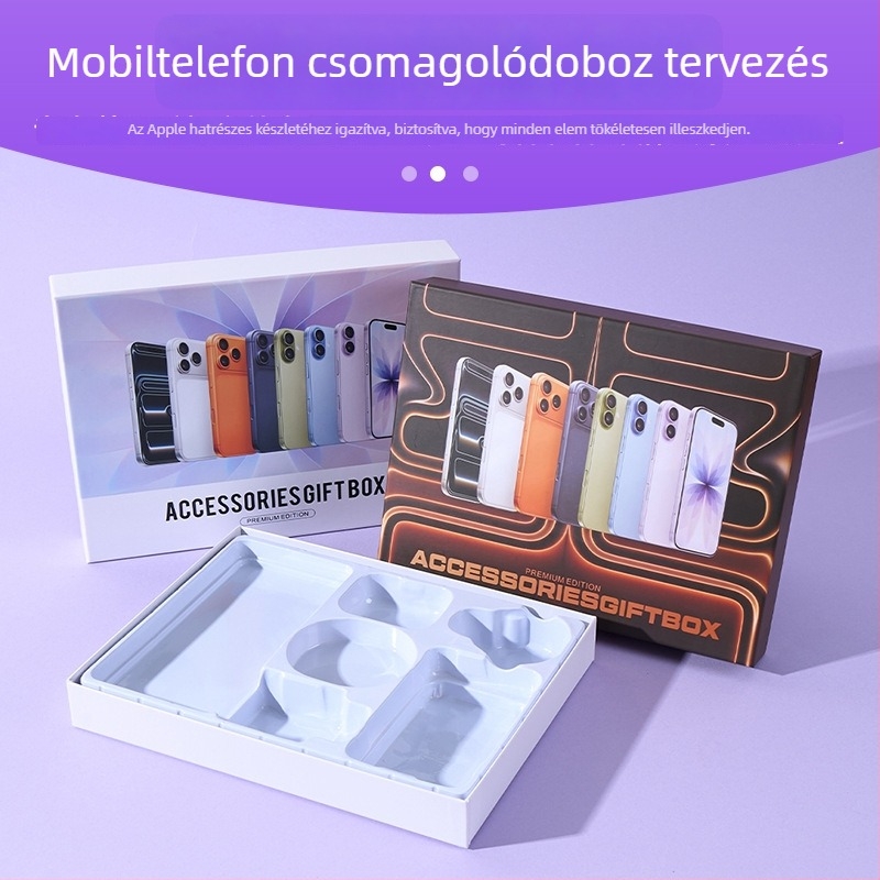 Új Apple 17-es telefonhoz készült csomagolási készlet: telefonvédő, mágneses fülhallgató, öt- vagy hat darabból álló csomagolás, adatkábel, flip-top kupakkal ellátott ajándékdoboz
