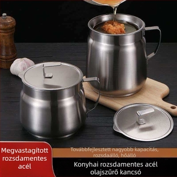 Rozsdamentes acél olajtartó edény fedővel és szűrővel, konyhai használatra
