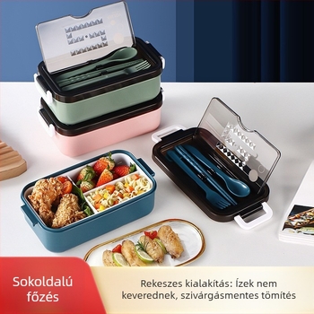 Mikrohullámú ebédes doboz fedővel és osztott rekeszekkel, hordozható diákok és irodai dolgozók számára, élelmiszer-minőségű anyagból, evőeszközökkel