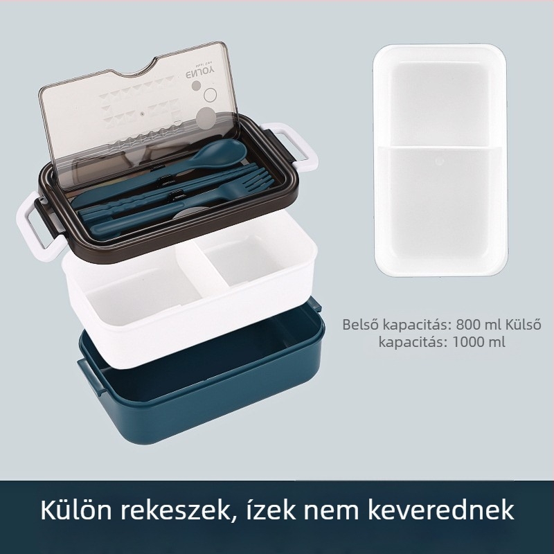 Mikrohullámú ebédes doboz fedővel és osztott rekeszekkel, hordozható diákok és irodai dolgozók számára, élelmiszer-minőségű anyagból, evőeszközökkel
