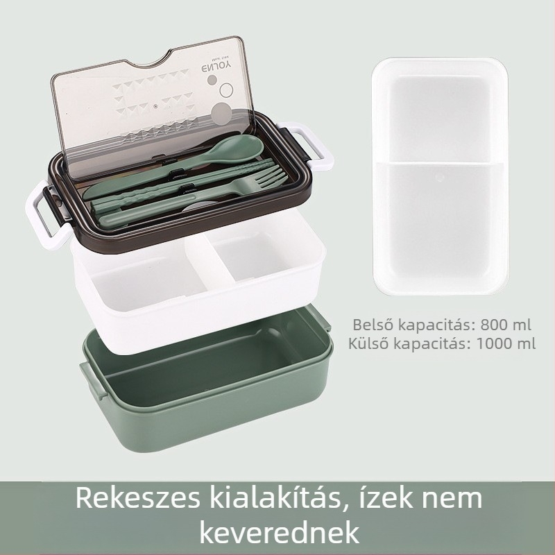 Mikrohullámú ebédes doboz fedővel és osztott rekeszekkel, hordozható diákok és irodai dolgozók számára, élelmiszer-minőségű anyagból, evőeszközökkel
