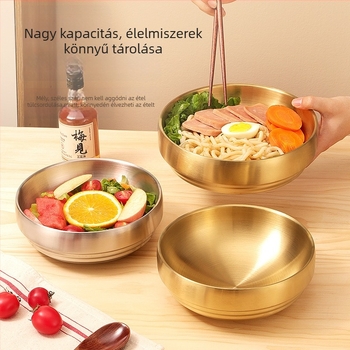 Koreai stílusú kettős rétegű rozsdamentes acél tál hideg tészta, nagy kapacitás, bibimbap, levesek és saláták számára, arany felület