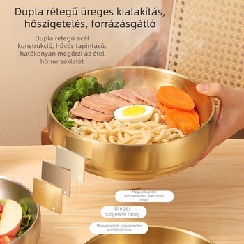 Koreai stílusú kettős rétegű rozsdamentes acél tál hideg tészta, nagy kapacitás, bibimbap, levesek és saláták számára, arany felület