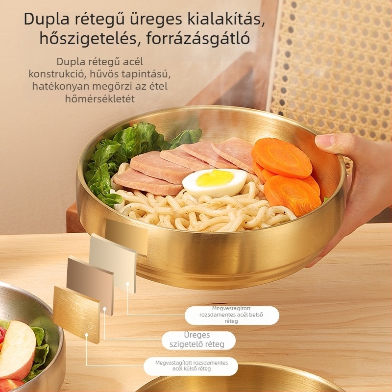Koreai stílusú kettős rétegű rozsdamentes acél tál hideg tészta, nagy kapacitás, bibimbap, levesek és saláták számára, arany felület