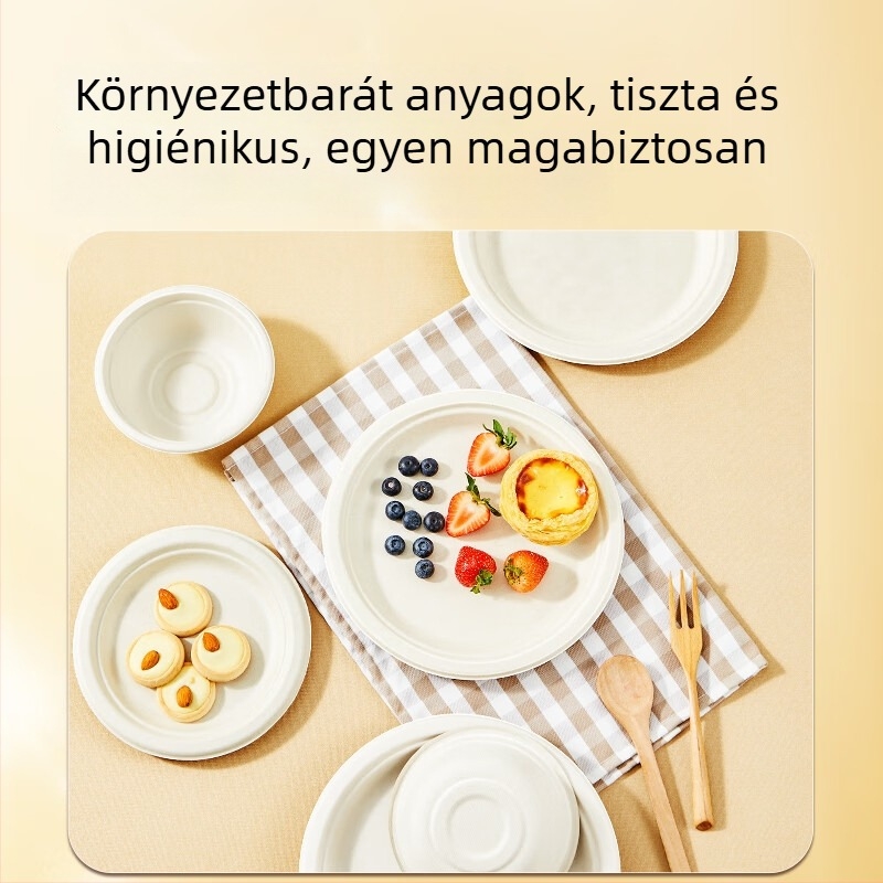Egyszer használatos vacsorás tányérok és evőeszközök cukornád rostból készült papírból, élelmiszer-minőség, vízálló és olajálló, természetes szín, biológiailag lebomló.