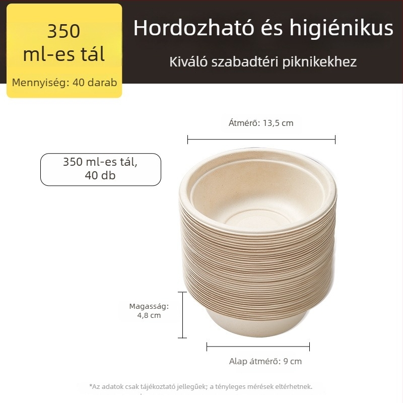Egyszer használatos vacsorás tányérok és evőeszközök cukornád rostból készült papírból, élelmiszer-minőség, vízálló és olajálló, természetes szín, biológiailag lebomló.