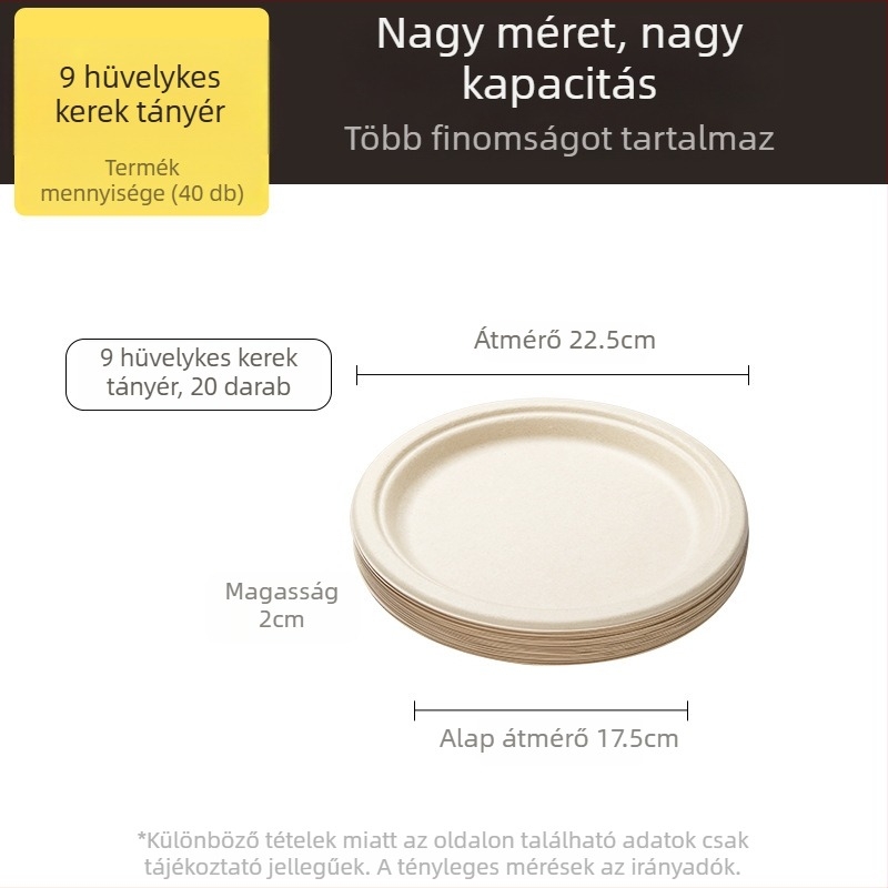 Egyszer használatos vacsorás tányérok és evőeszközök cukornád rostból készült papírból, élelmiszer-minőség, vízálló és olajálló, természetes szín, biológiailag lebomló.
