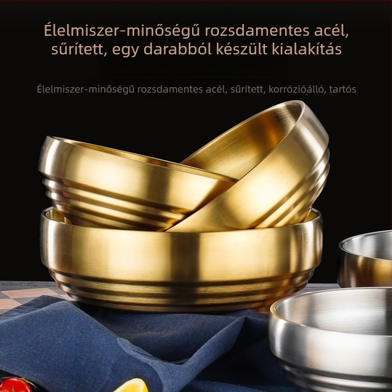 Nagy kapacitású tál rozsdamentes acélból, arany felülettel, kör alakú, háztartási és éttermi használatra