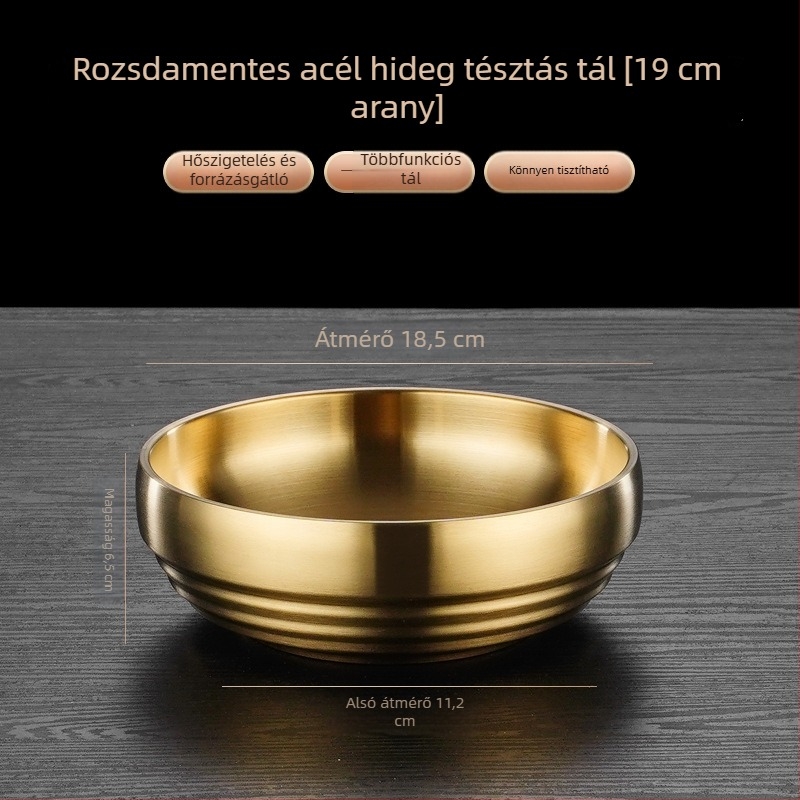 Nagy kapacitású tál rozsdamentes acélból, arany felülettel, kör alakú, háztartási és éttermi használatra