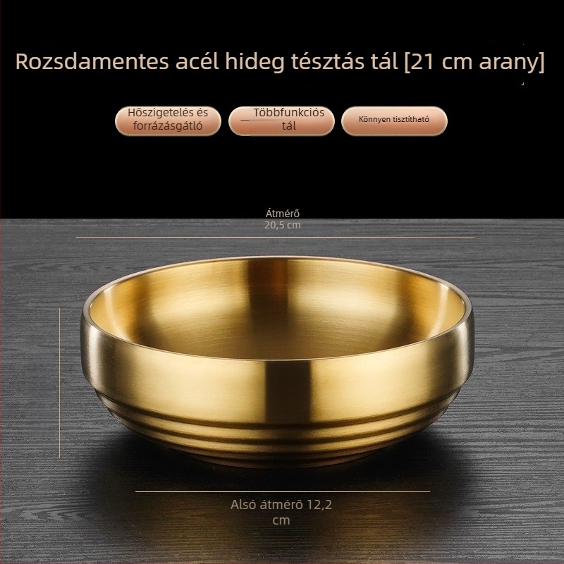Nagy kapacitású tál rozsdamentes acélból, arany felülettel, kör alakú, háztartási és éttermi használatra
