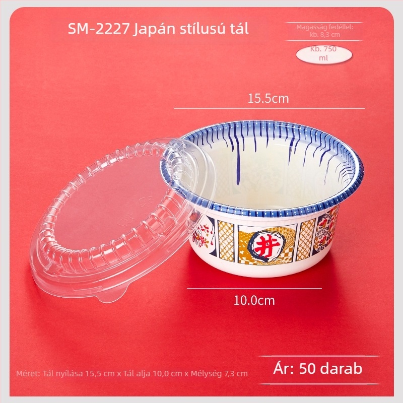 Egyszer használatos lazacos sushi tál, kör alakú ebédes doboz hideg tészta és leves számára, elvihető csomagolás, 50 db