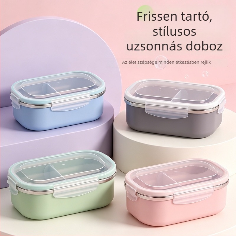 Ebédes doboz evőeszközökkel, nagy kapacitású, zárt fedél, hőszigetelt rozsdamentes acélból, egyrétegű