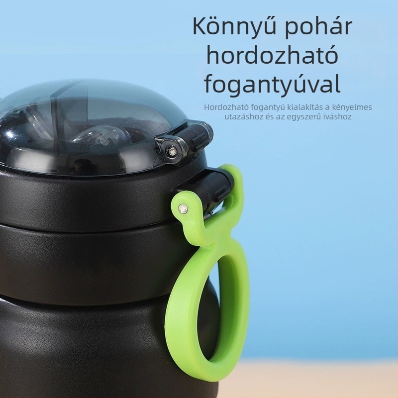 Stílusos vákuumos termosz pohár fogantyúval, két ivó lehetőség, szívószállal, hordozható, testreszabható