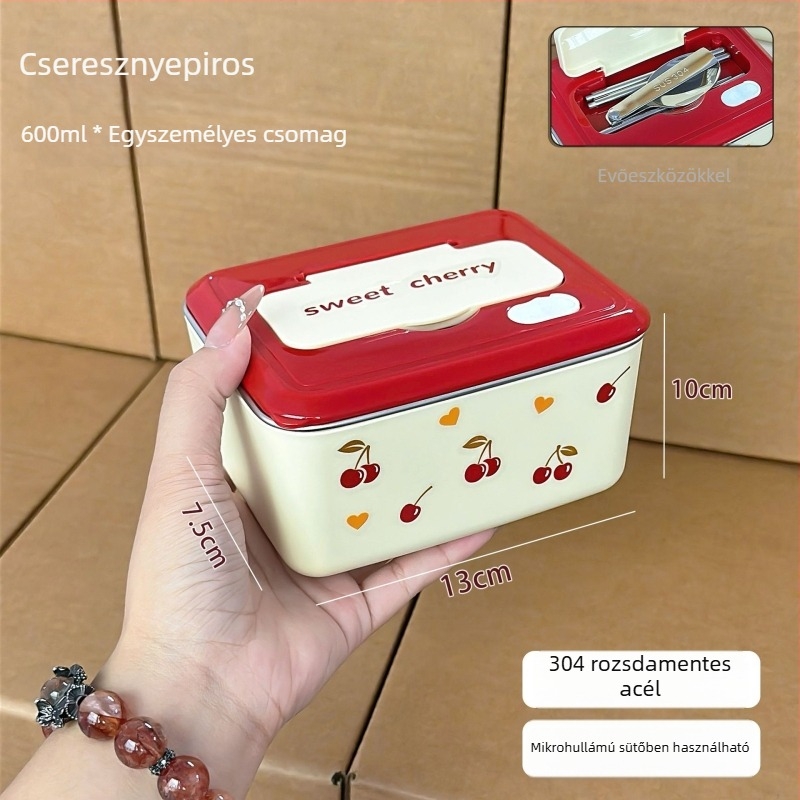 Cherry Pie rozsdamentes acélból készült szigetelt ebédes doboz, dupla réteg, 501–800 ml, mikrohullámú sütőben melegíthető, hordozható