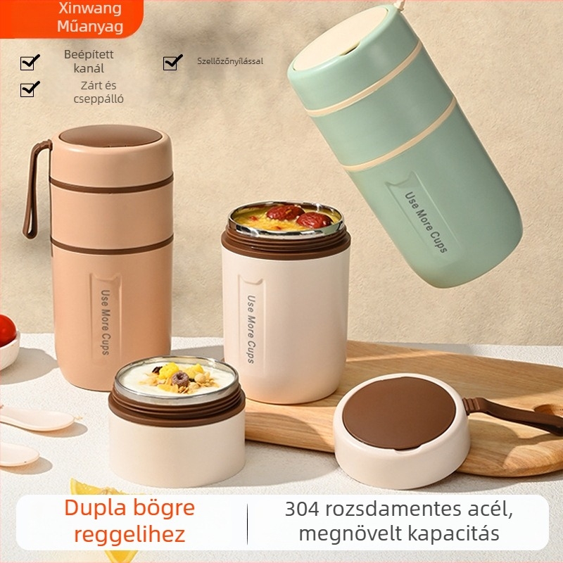 304 rozsdamentes acélból készült dupla falú reggelis pohár iroda dolgozók számára, hordozható leves- és zabkása pohár kanállal, lezárt termoszos edény ebédhez