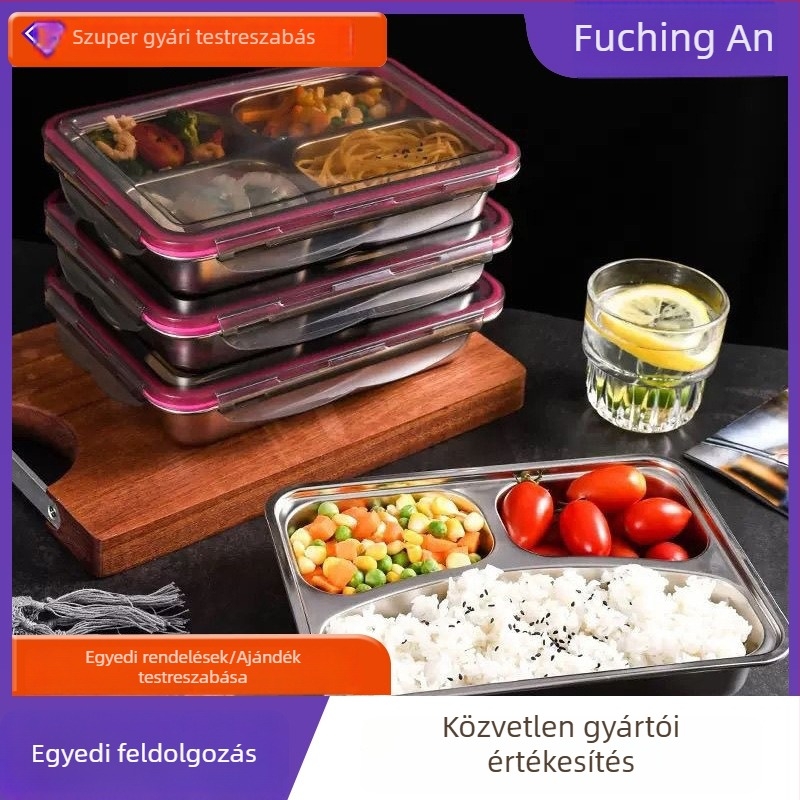 304 rozsdamentes acél ebéddoboz rekeszekkel, négyszögletes formájú