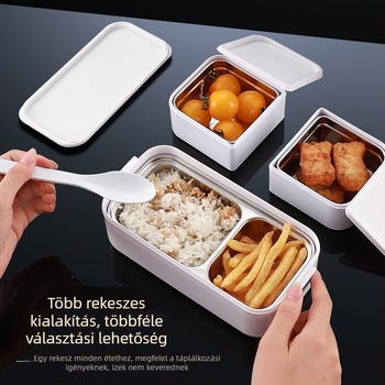 Rozsdamentes acél termosz ebédes doboz, mikrohullámú sütőben használható, villával és kanállal, élelmiszer-minőségű