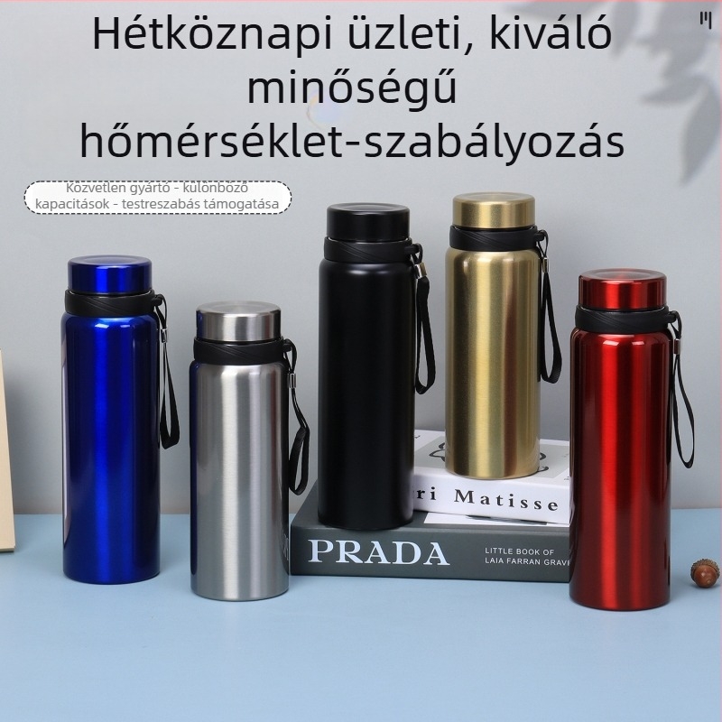 Hordozható vákuum-szigetelt termosz pohár nagy kapacitással irodai használatra; belső 304 rozsdamentes acél, külső 201 rozsdamentes acél; 6–12 órás szigetelés; személyre szabható logó (lézergravírozás, szitanyomás, 3D nyomtatás)