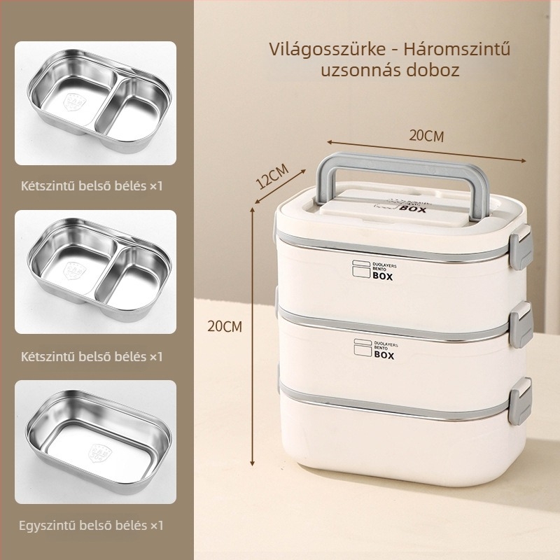 304 rozsdamentes acél ebédes doboz fogantyúval, izolált, hordozható, háromrétegű, három rekeszes