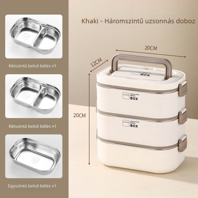 304 rozsdamentes acél ebédes doboz fogantyúval, izolált, hordozható, háromrétegű, három rekeszes