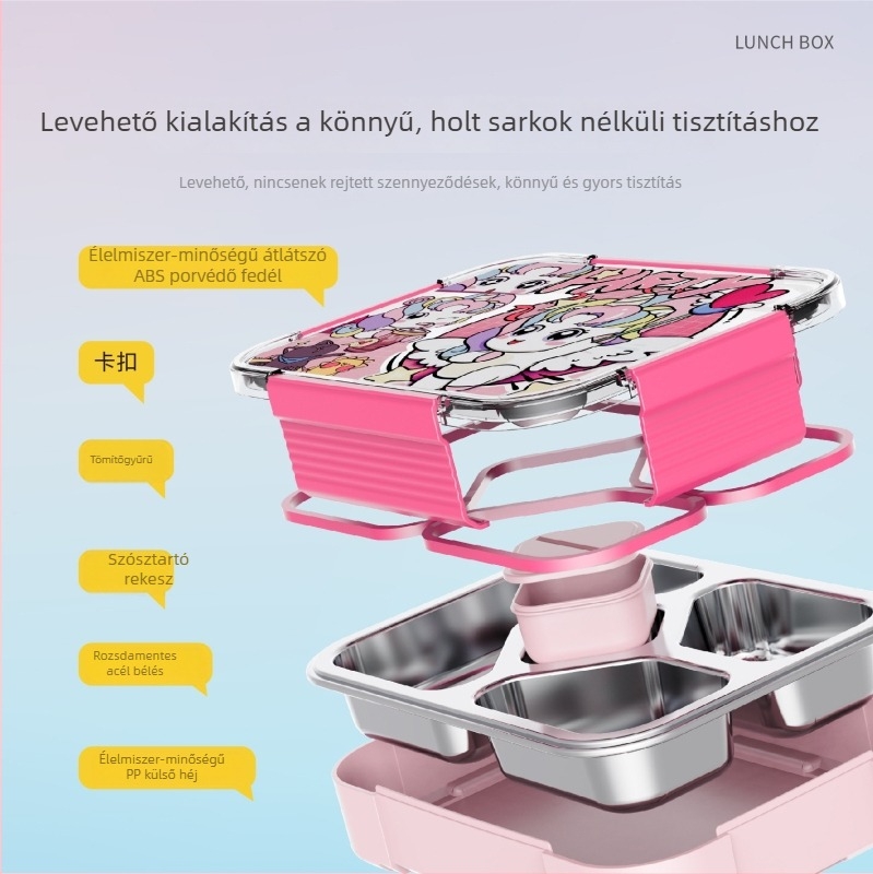 304 rozsdamentes acél ebédes doboz rekeszekkel, nagy kapacitású, lezárható, aranyos rajzfilm motívummal, felnőtteknek
