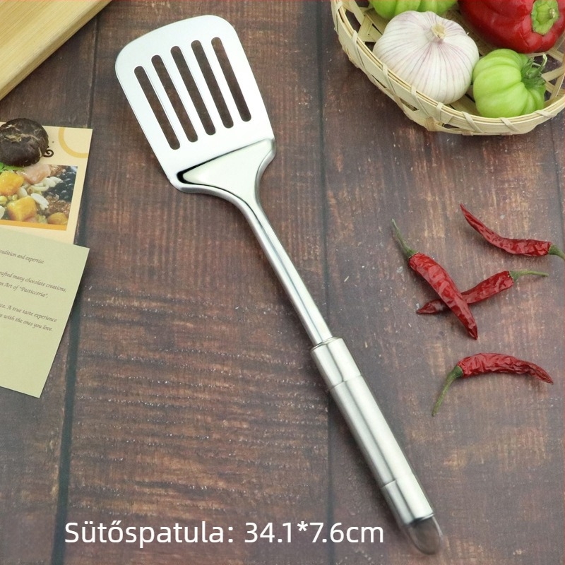 Rozsdamentes acél konyhai eszközök készlet: zöldség spatula, leveskanál, serpenyő spatula és dupla végű spatula fényes nyéllel; magnetizálatlan 201 rozsdamentes acél.