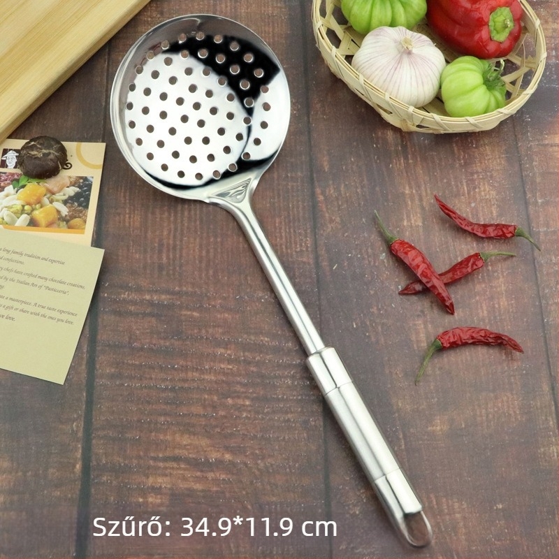 Rozsdamentes acél konyhai eszközök készlet: zöldség spatula, leveskanál, serpenyő spatula és dupla végű spatula fényes nyéllel; magnetizálatlan 201 rozsdamentes acél.