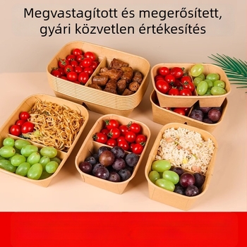 Két rekeszes Kraft papírból készült ebédes doboz, egyszerhasználatos evőeszközökkel, mikrohullámú sütőben melegíthető és hűthető, téglalap alakú piknikes doboz