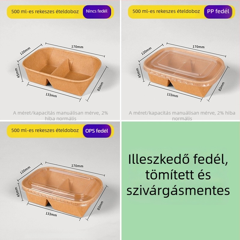 Két rekeszes Kraft papírból készült ebédes doboz, egyszerhasználatos evőeszközökkel, mikrohullámú sütőben melegíthető és hűthető, téglalap alakú piknikes doboz