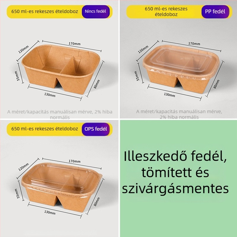 Két rekeszes Kraft papírból készült ebédes doboz, egyszerhasználatos evőeszközökkel, mikrohullámú sütőben melegíthető és hűthető, téglalap alakú piknikes doboz