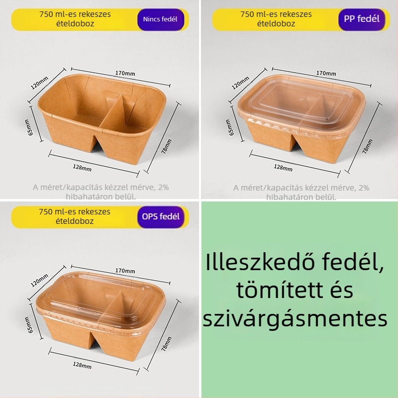 Két rekeszes Kraft papírból készült ebédes doboz, egyszerhasználatos evőeszközökkel, mikrohullámú sütőben melegíthető és hűthető, téglalap alakú piknikes doboz