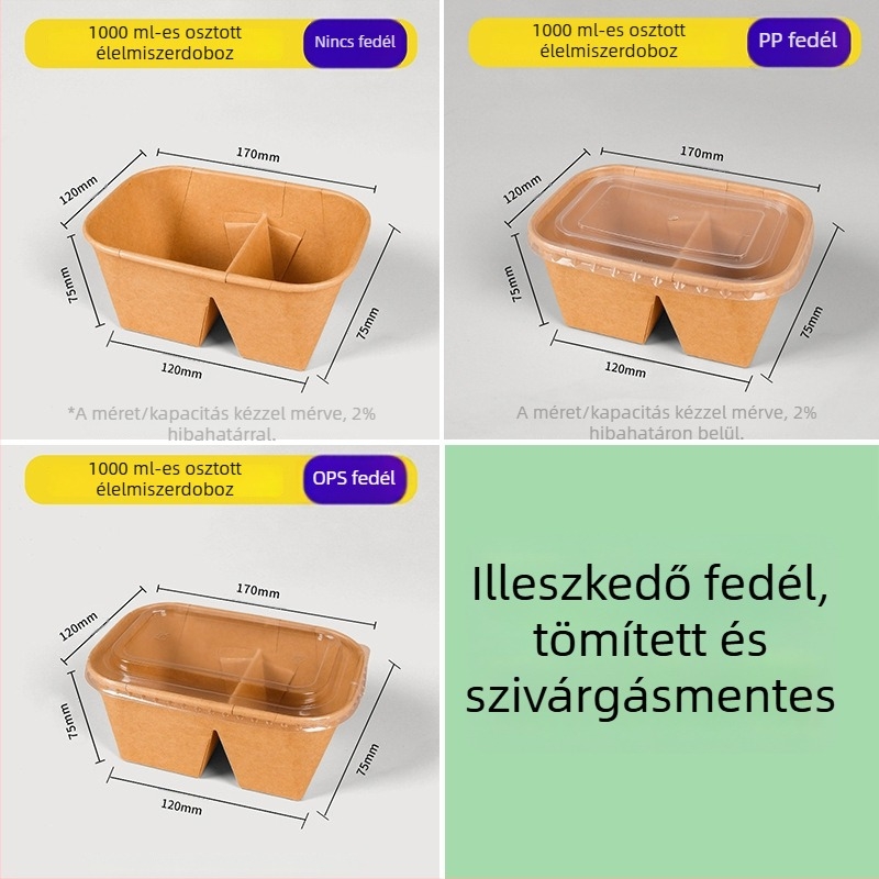 Két rekeszes Kraft papírból készült ebédes doboz, egyszerhasználatos evőeszközökkel, mikrohullámú sütőben melegíthető és hűthető, téglalap alakú piknikes doboz