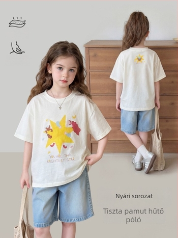 Kiskorúaknak készült rövid ujjú pamut póló karikatúra mintával, kerek nyakú, uniszex, nyár