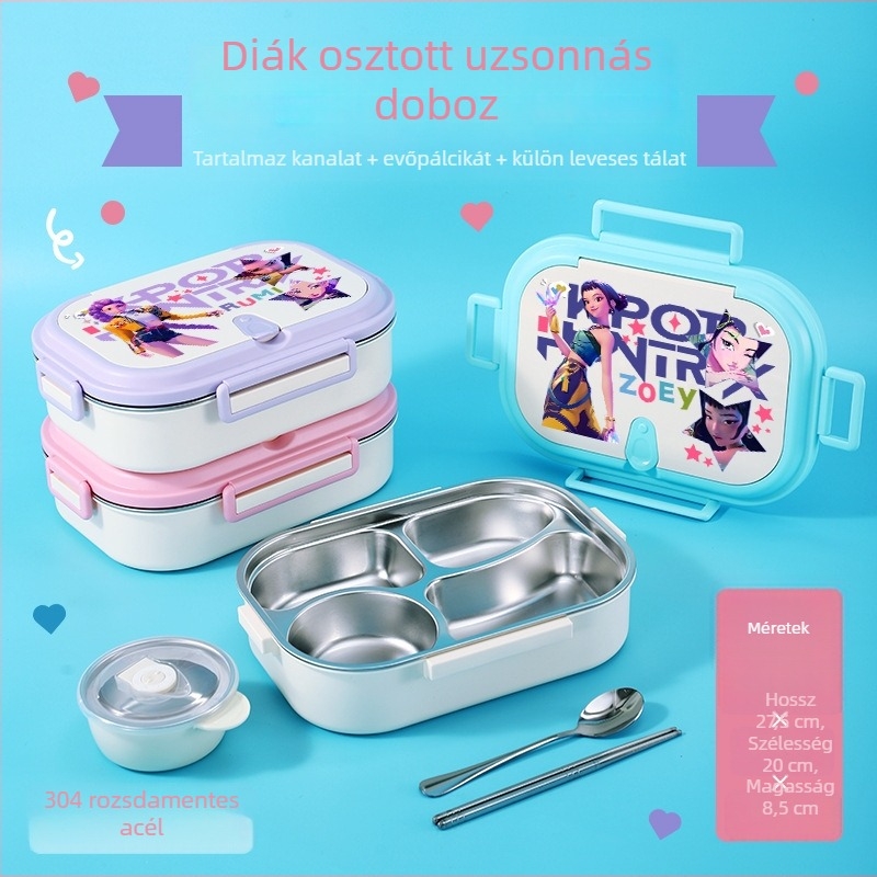 K-pop boszorkányvadász lány ebédes doboz, 304 rozsdamentes acélból, Rumi, diáknak szánt rekeszekkel és szigeteléssel