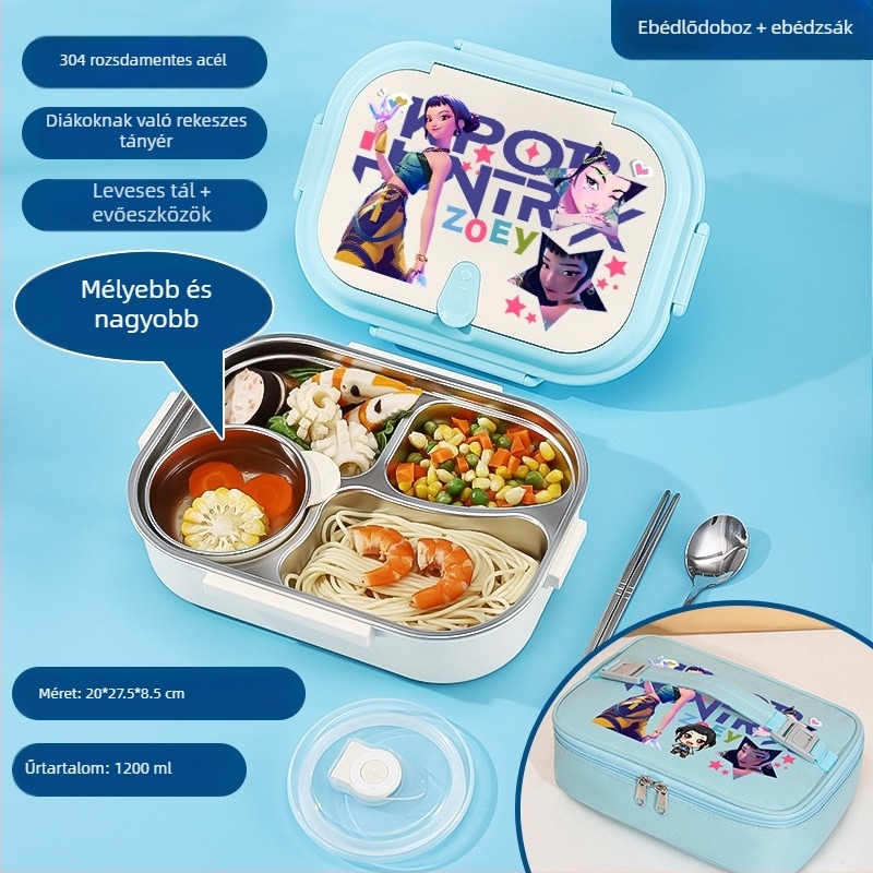 K-pop boszorkányvadász lány ebédes doboz, 304 rozsdamentes acélból, Rumi, diáknak szánt rekeszekkel és szigeteléssel