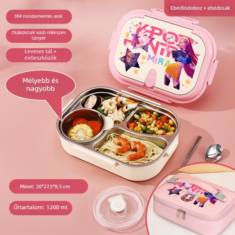 K-pop boszorkányvadász lány ebédes doboz, 304 rozsdamentes acélból, Rumi, diáknak szánt rekeszekkel és szigeteléssel