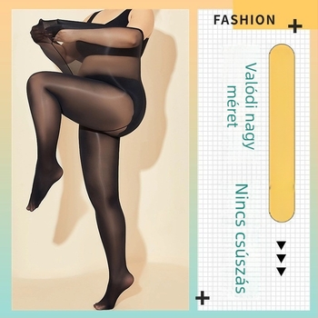 Pluszméretű fekete nylon harisnya fényes felülettel, formázó hatás, anti-csomózás, lábhoz