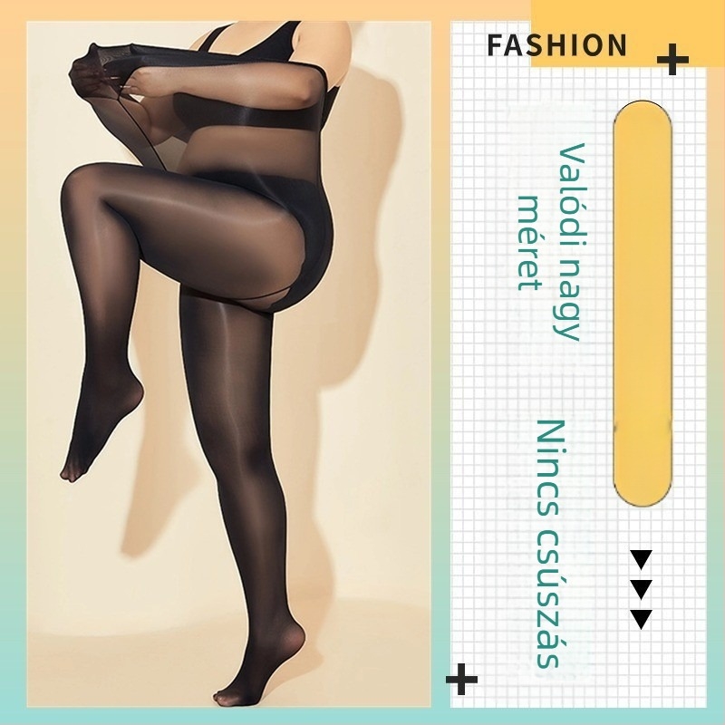 Pluszméretű fekete nylon harisnya fényes felülettel, formázó hatás, anti-csomózás, lábhoz