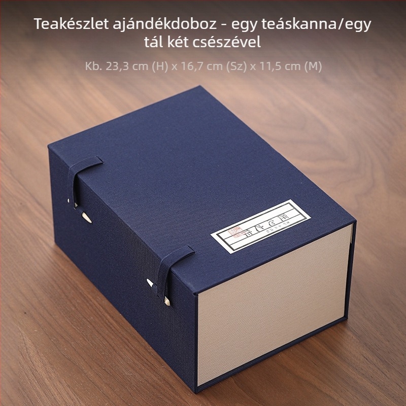 Kék brokát ajándékdobozos teáskészlet: teáscsésze, teáskanna és fedeles tál