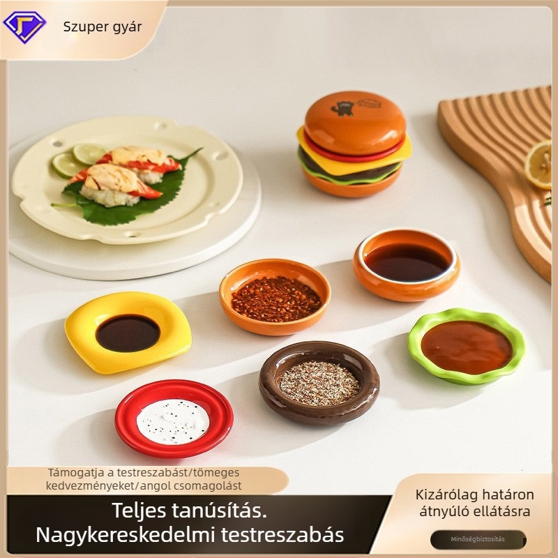 Hamburger témájú kerámia mártogató tálak és gyümölcsös tányérok készlet, underglaze színnel, otthoni használatra