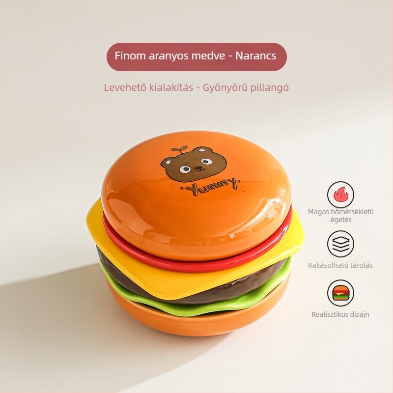 Hamburger témájú kerámia mártogató tálak és gyümölcsös tányérok készlet, underglaze színnel, otthoni használatra