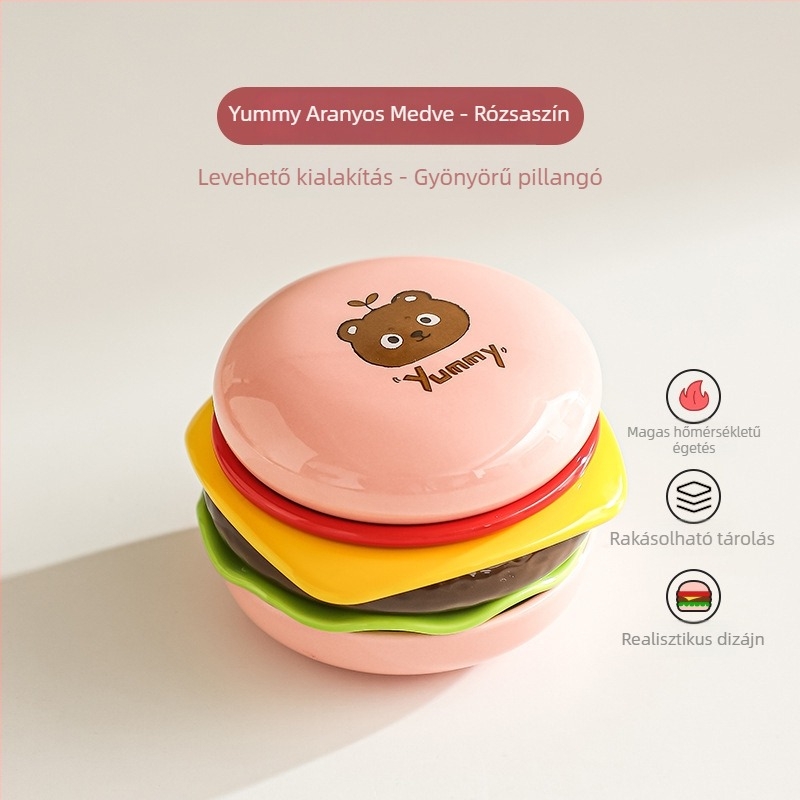 Hamburger témájú kerámia mártogató tálak és gyümölcsös tányérok készlet, underglaze színnel, otthoni használatra