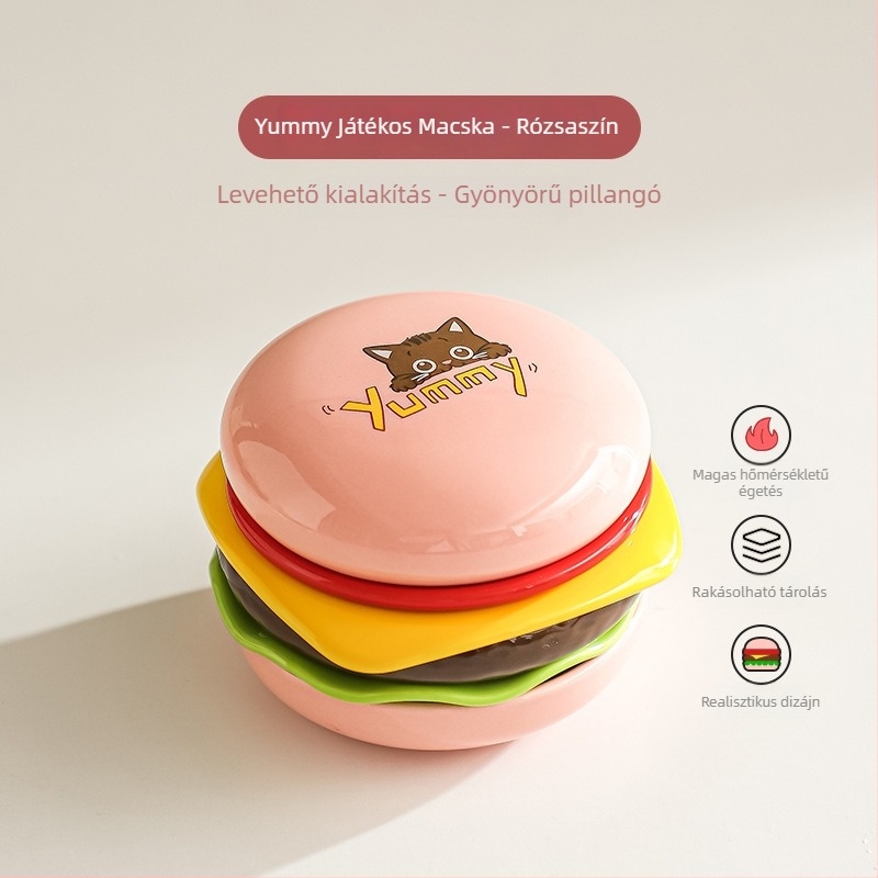 Hamburger témájú kerámia mártogató tálak és gyümölcsös tányérok készlet, underglaze színnel, otthoni használatra