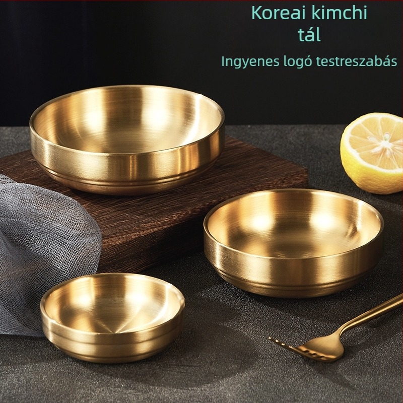 304 rozsdamentes acélból, koreai stílusú, kétszintű arany színű mártásos tál kimchihez